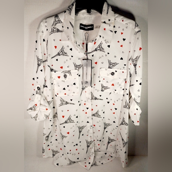 Karl Lagerfeld Women's High-Low Hem Button Front Shirt Long Sleeve Tunic Blouse main image 1